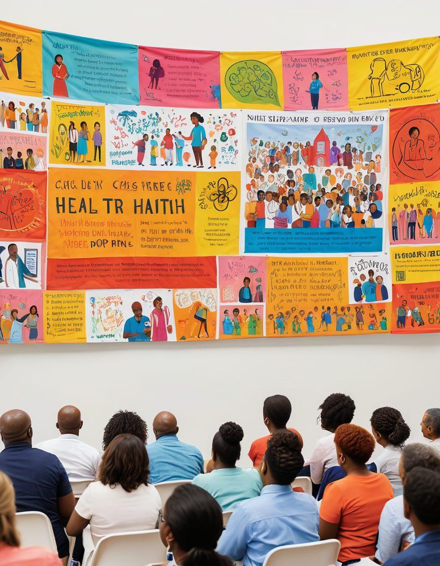 A diverse group of community members engaged in a lively public health education workshop, featuring a passionate speaker at the front with informative visuals on a screen. Include icons of health advocacy like stethoscopes and healthcare symbols, with vibrant banners promoting healthy living. The scene should radiate energy and inclusiveness, with people of different ages and backgrounds participating. Bright, engaging colors that evoke positivity and hope. super-realistic. vibrant colors. white background.