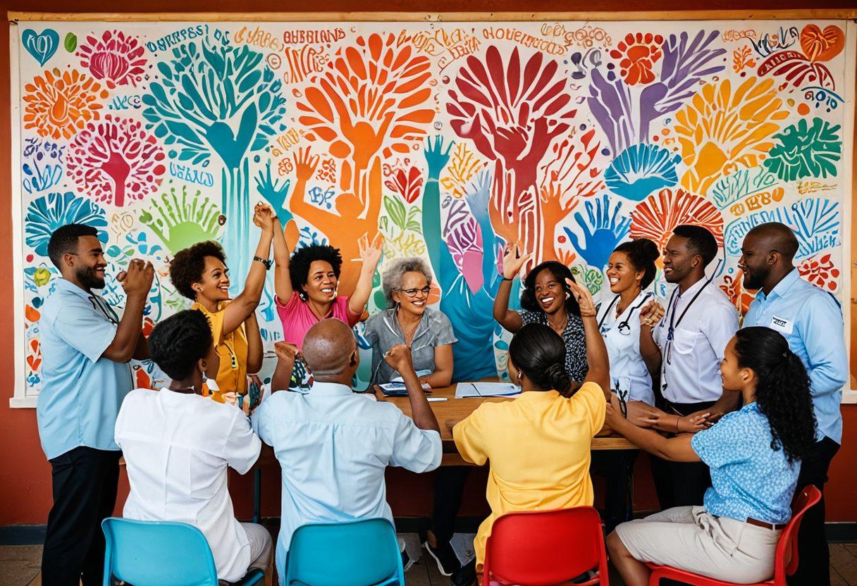 A diverse group of passionate individuals engaged in a lively discussion, surrounded by symbols of health advocacy like a stethoscope, medical charts, and supportive hands. Emphasize community connection with warm colors and a backdrop of a vibrant community mural. Incorporate elements that represent empowerment, such as raised fists or light bulbs. super-realistic. vibrant colors. 3D.