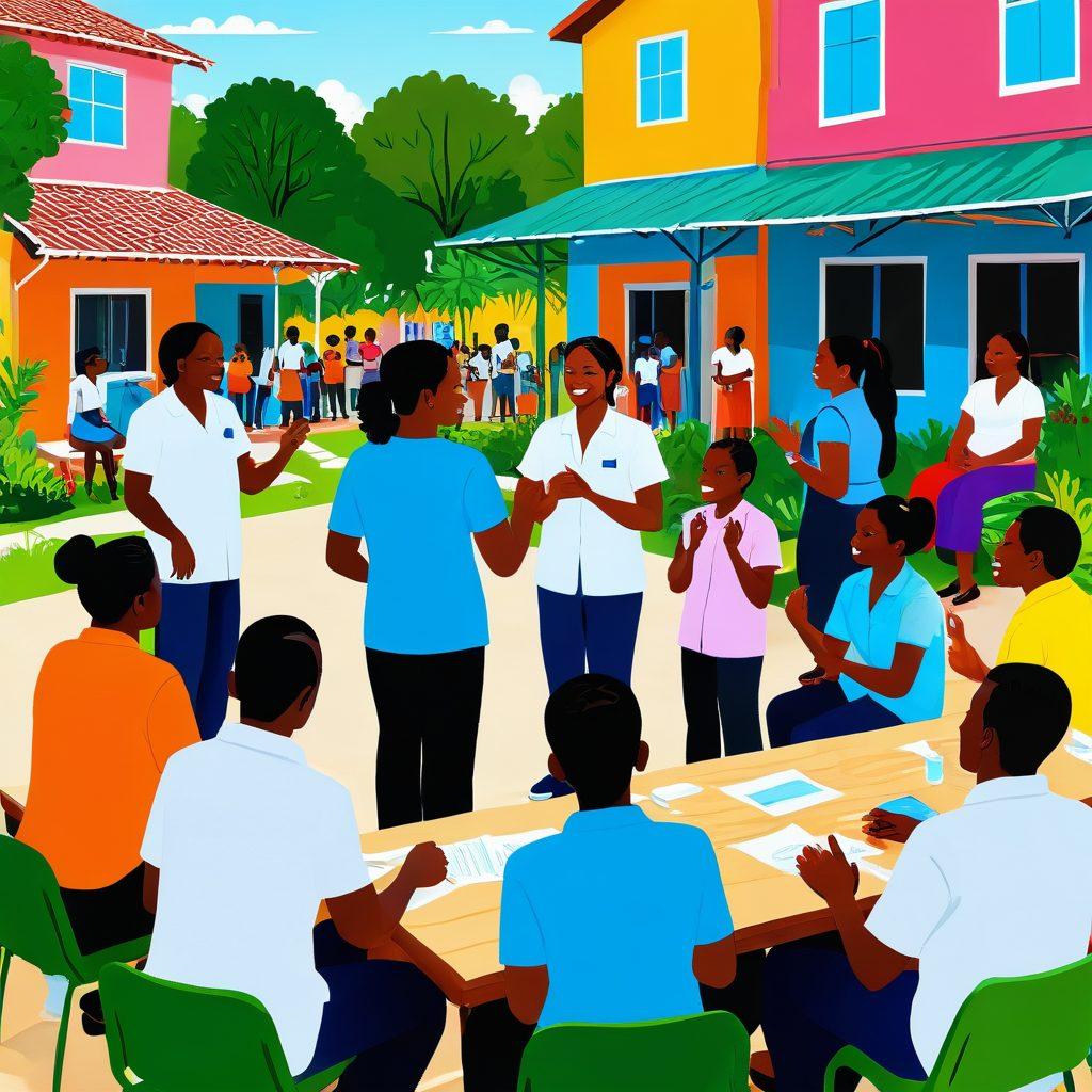A vibrant illustration depicting a diverse group of people engaged in various public health activities: a community health worker explaining TCHP strategies to locals, children learning about hygiene at a colorful workshop, and adults participating in a health screening event. The background features uplifting elements like greenery and community buildings, symbolizing unity and growth. Bright colors and dynamic poses to convey a sense of action and awareness. vibrant colors. vector art.